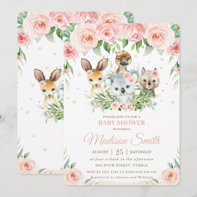 Australian Animals Pink Blush Floral Baby Shower Invitation (Front/Back)