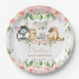 Australian Animals Pink Floral Girl Baby Shower   Paper Plate