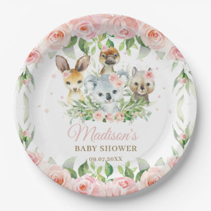 Australian Animals Pink Floral Girl Baby Shower Paper Plate