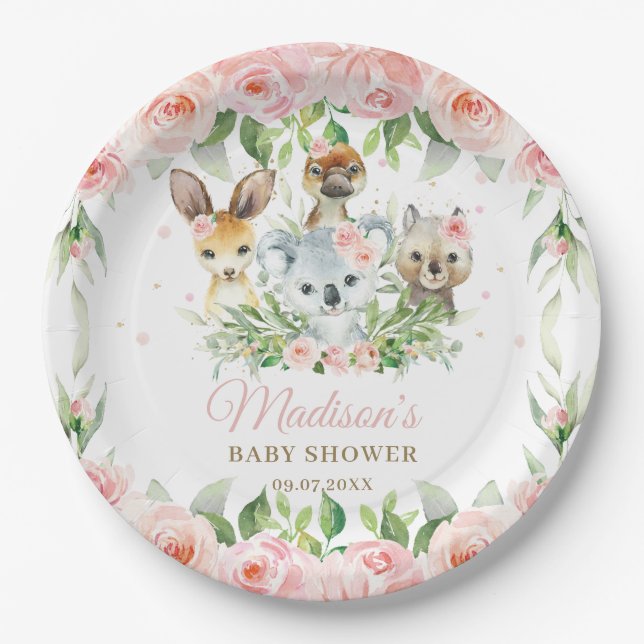 Australian Animals Pink Floral Girl Baby Shower Paper Plate (Front)