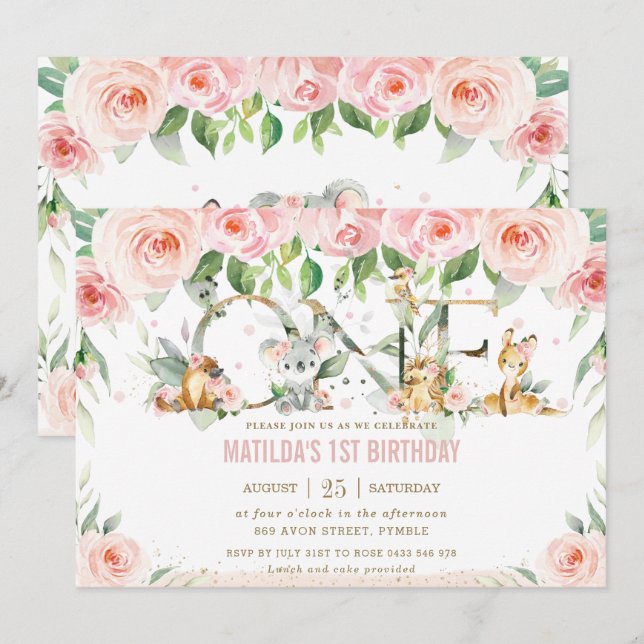 Australian Animals Pink Floral One 1st Birthday  Invitation (Front/Back)