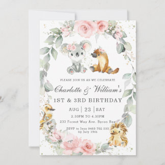 Australian Animals Pink Floral Sage Joint Birthday Invitation