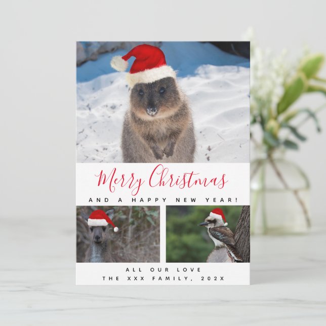 Australian Animals Red Script Multi Photo Collage Holiday Card (Standing Front)