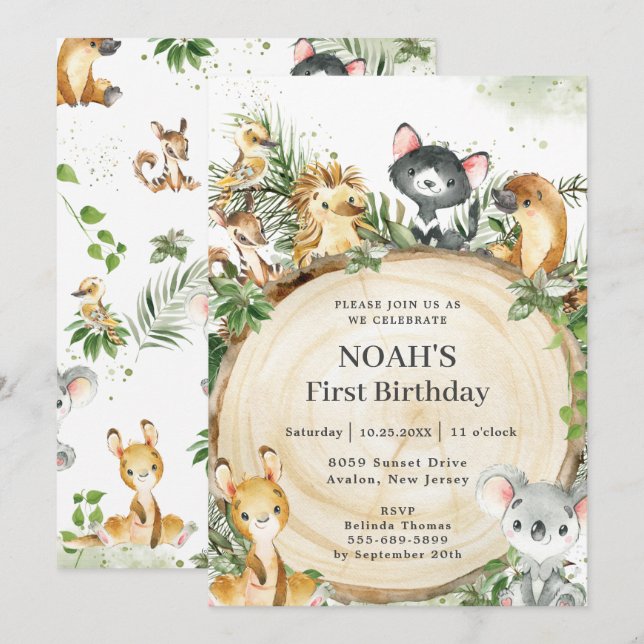 Australian Animals Rustic Wood Slice Birthday   Invitation (Front/Back)