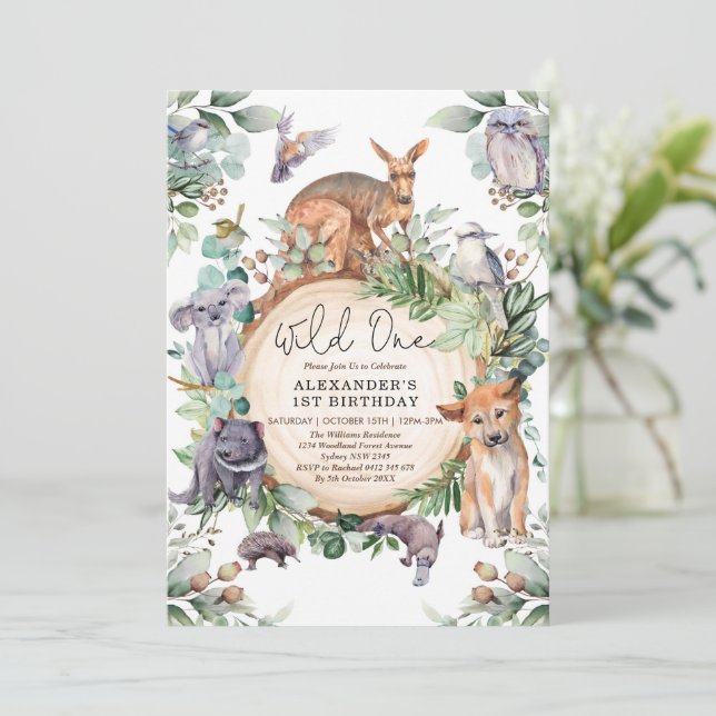 Australian Animals Wild One Greenery 1st Birthday Invitation (Standing Front)