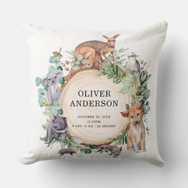 Australian Animals Wildlife Baby Boy Birth Stats Cushion (Front)