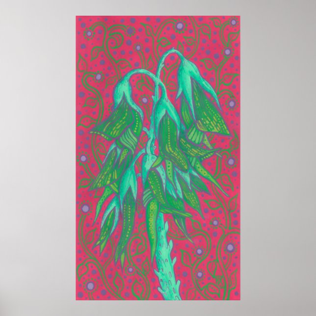 Australian Bird Flower, Tropical Floral Green Pink Poster (Front)