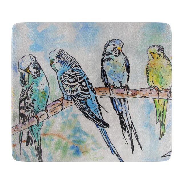 Australian Birds Budgie Watercolor Art Key Ring Cutting Board (Front)