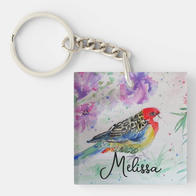 Australian Birds Rosella Parrot Watercolor Art Key Ring (Front)
