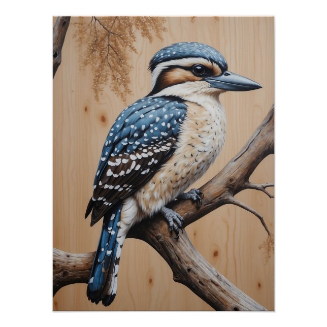 Australian Blue Kookaburra in a Tree Wildlife Art Poster (Front)