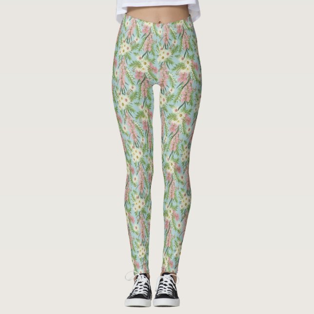 Australian Bottlebrush Country Garden Blue Leggings (Front)