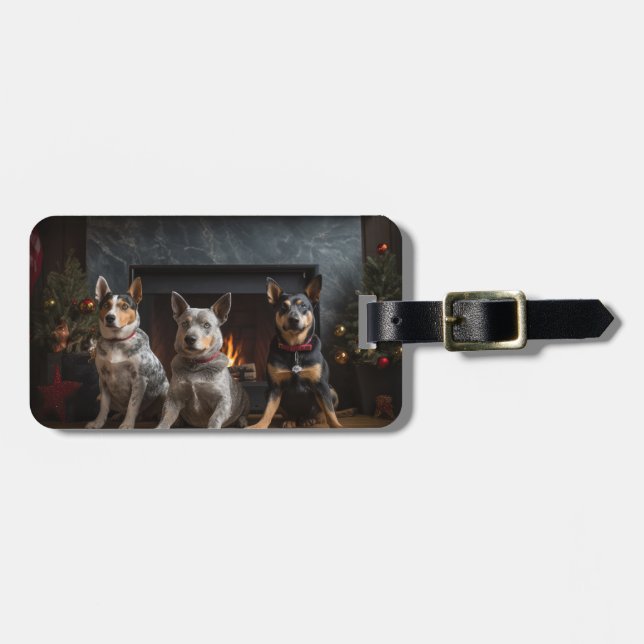 Australian Cattle by the Fireplace Christmas Luggage Tag (Front Horizontal)