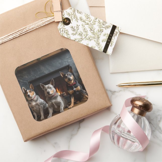 Australian Cattle by the Fireplace Christmas Square Sticker (Gifting)