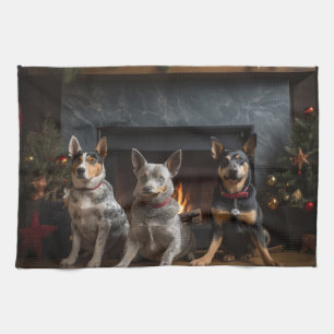 Australian Cattle by the Fireplace Christmas Tea Towel