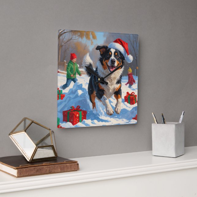 Australian Cattle Christmas Festive Snow Scene Square Wall Clock (Office)