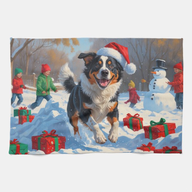 Australian Cattle Christmas Festive Snow Scene Tea Towel (Horizontal)
