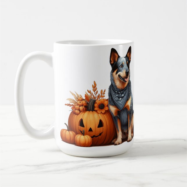 Australian Cattle Dog Beside a Jack-O-Lantern Coffee Mug (Left)