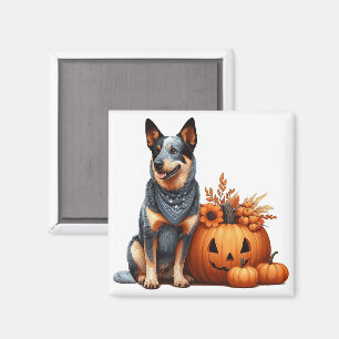 Australian Cattle Dog Beside a Jack-O-Lantern Magnet