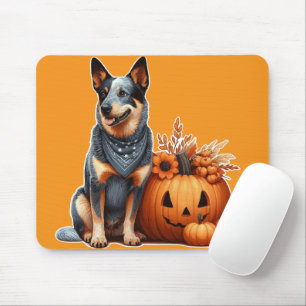 Australian Cattle Dog Beside a Jack-O-Lantern  Mouse Mat