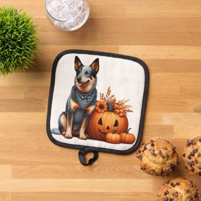 Australian Cattle Dog Beside a Jack-O-Lantern  Pot Holder (Top Down)