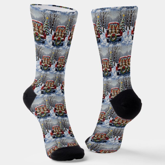 Australian Cattle Dog Christmas Red Truck Holiday Socks (Angled)