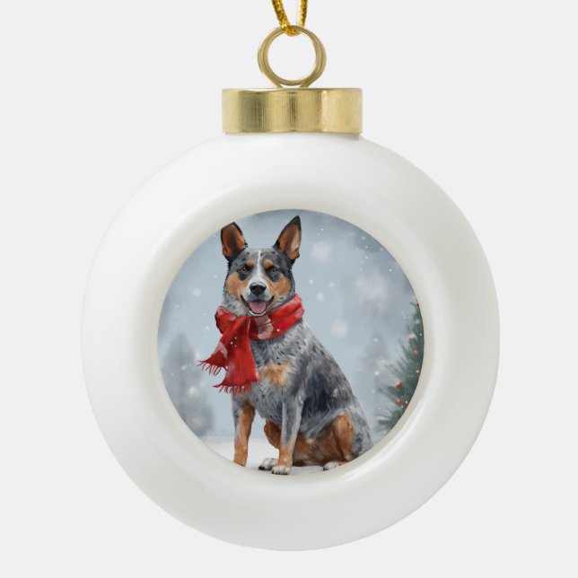 Australian Cattle Dog in Snow Christmas  Ceramic Ball Christmas Ornament (Front)