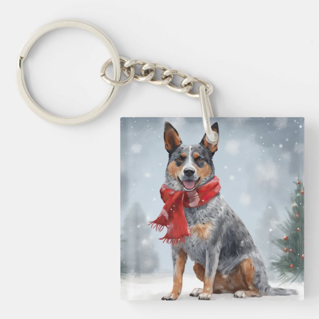 Australian Cattle Dog in Snow Christmas  Key Ring (Front)
