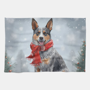 Australian Cattle Dog in Snow Christmas Tea Towel