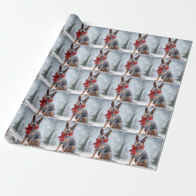 Australian Cattle Dog in Snow Christmas  Wrapping Paper (Unrolled)