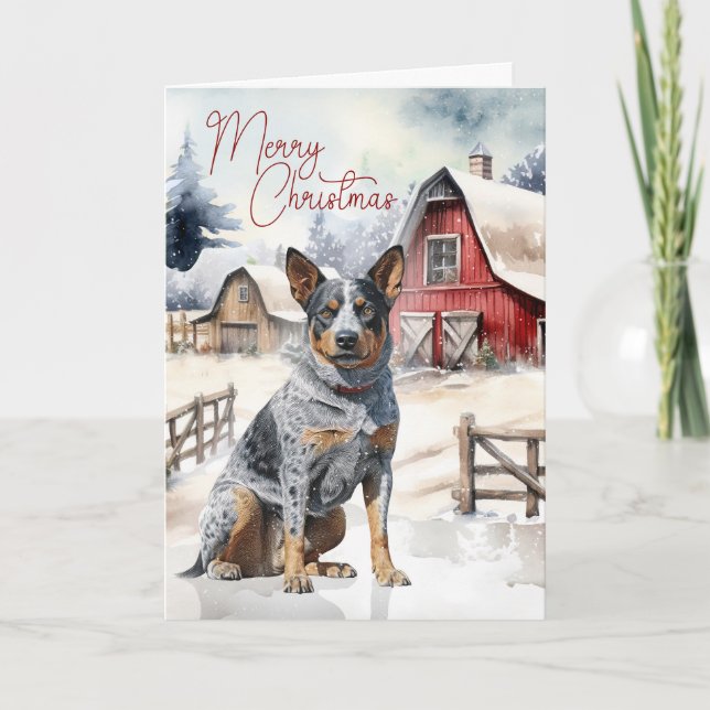 Australian Cattle Dog Merry Christmas Red Barn Holiday Card (Front)