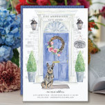 Australian Cattle Dog Moving Announcement Postcard<br><div class="desc">Announce your new address with our stylish announcement featuring a Australian Cattle Dog,  blue front door,  welcome mat,  slate sign,  topiaries and a floral wreath set on a grey brick background.</div>