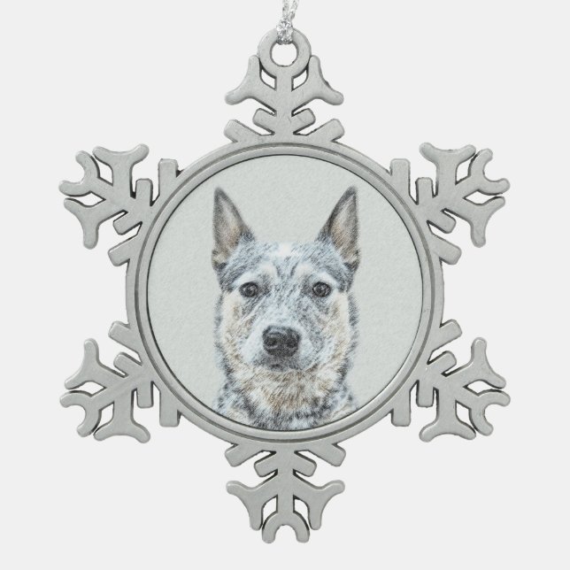 Australian Cattle Dog Painting - Cute Original Art Snowflake Pewter Christmas Ornament (Front)