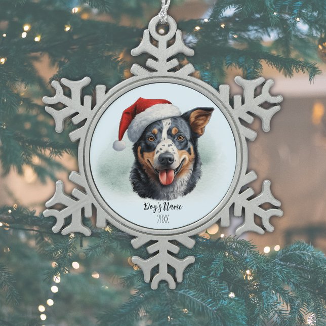 Australian Cattle Dog Santa Hat Monogram Name Year Snowflake Pewter Christmas Ornament (Personalize with Dog's Name & Year, or add other text, or delete if not required.)