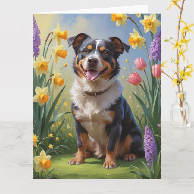 Australian Cattle Dog Spring Flowers Painting Card (Yellow Flower)