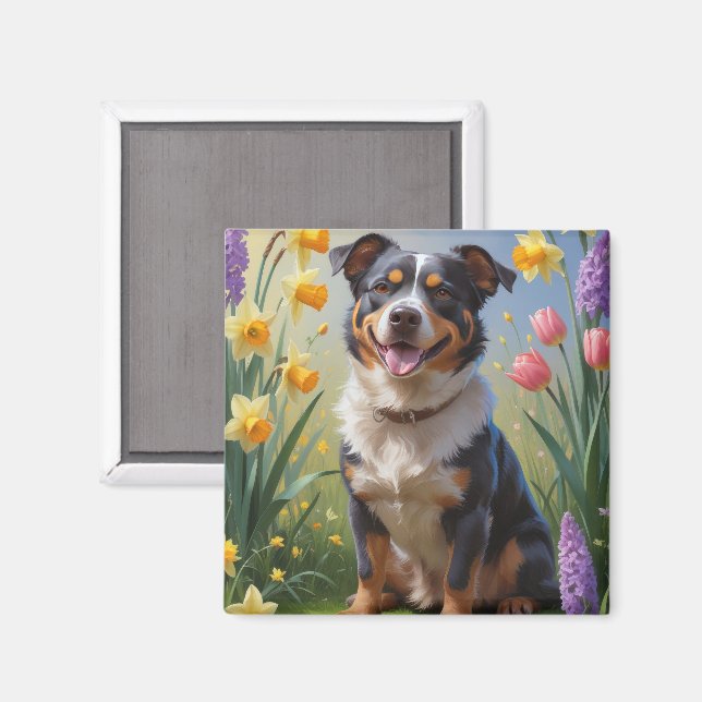 Australian Cattle Dog Spring Flowers Painting Magnet (Front/Back)