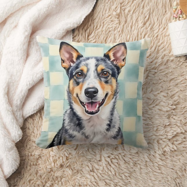Australian Cattle Dog Watercolor Check Pattern Art Cushion (Blanket)