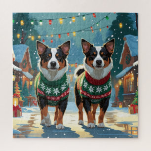 Australian Cattle Dogs Christmas Snow Holiday Jigsaw Puzzle