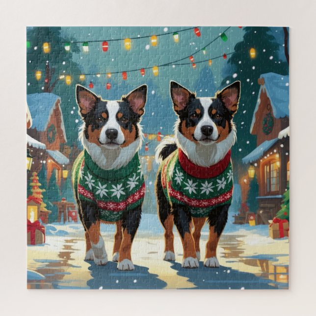 Australian Cattle Dogs Christmas Snow Holiday Jigsaw Puzzle (Vertical)