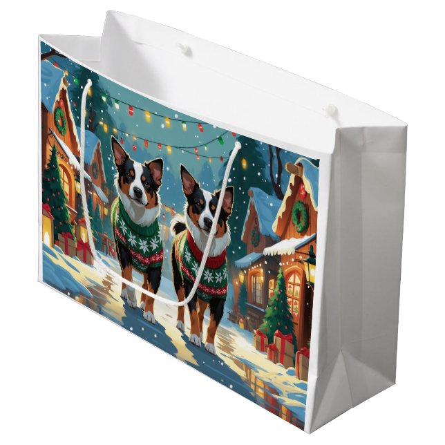 Australian Cattle Dogs Christmas Snow Holiday Large Gift Bag (Front Angled)