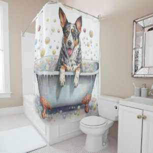 Australian Cattle In Bathtub Watercolor Dog Art  Shower Curtain