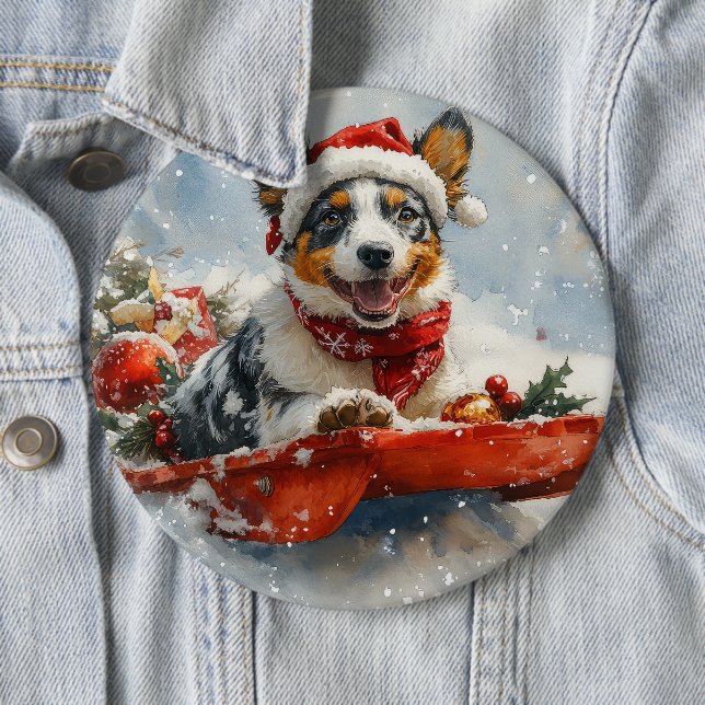 Australian Cattle in Sledge Let it Snow Christmas 6 Cm Round Badge (In Situ)