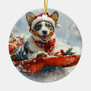 Australian Cattle in Sledge Let it Snow Christmas Ceramic Tree Decoration