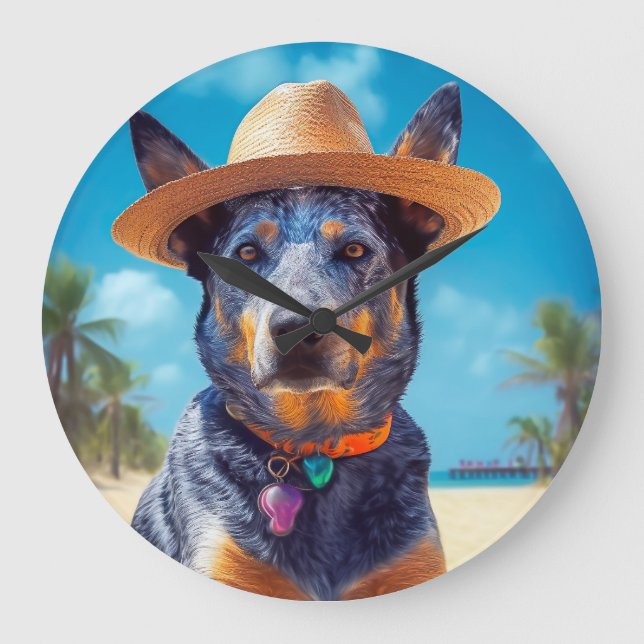 Australian Cattle on Beach,dog lovers summer gift Large Clock (Front)