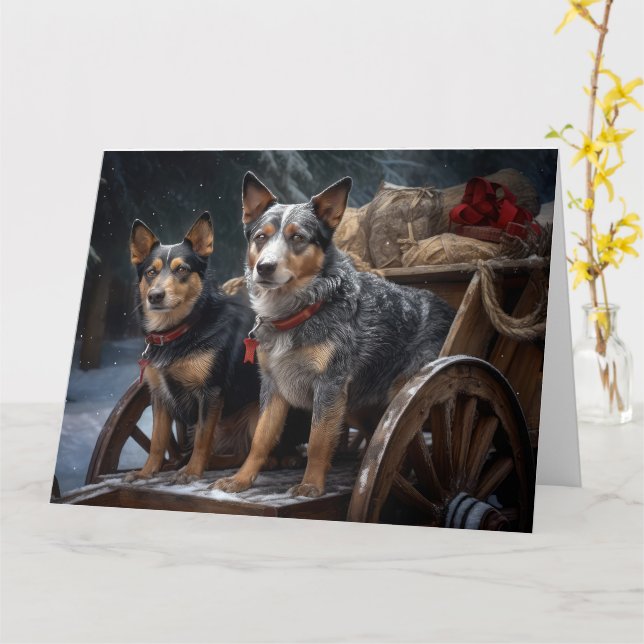 Australian Cattle Snowy Sleigh Christmas Decor Card (Yellow Flower)