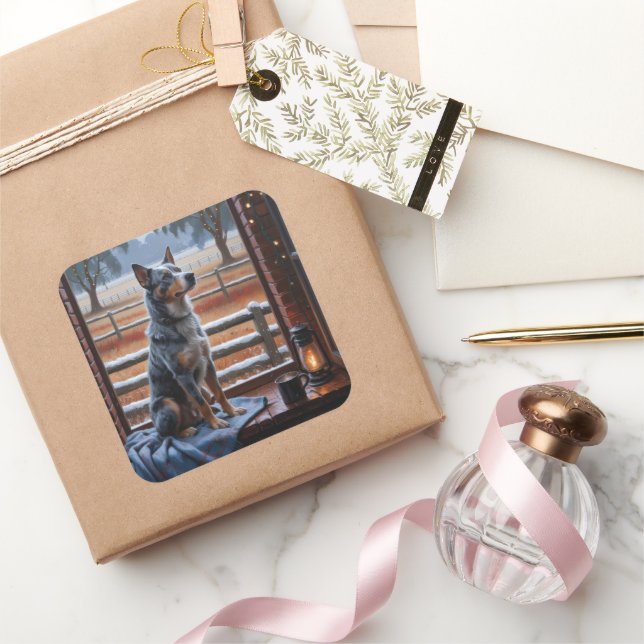 Australian Cattle With Christmas Lights Holiday Square Sticker (Gifting)