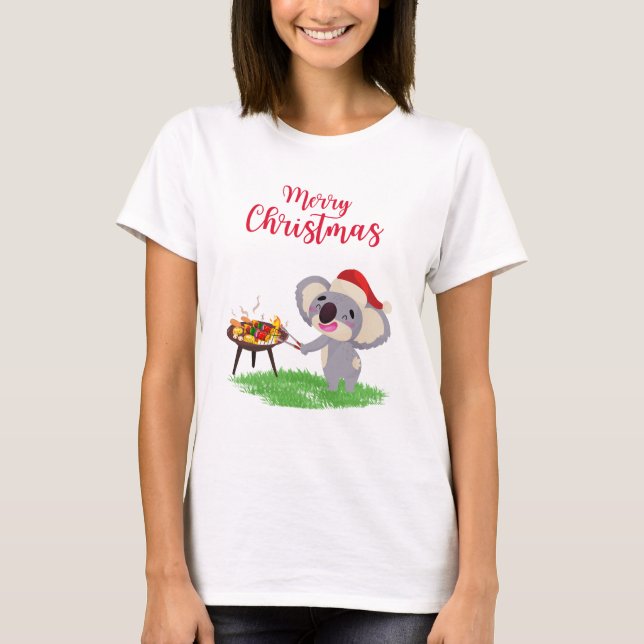 Australian Christmas Cute Koala enjoying a BBQ T-Shirt (Front)