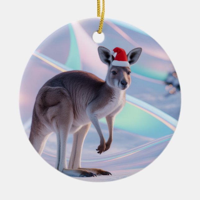 Australian Christmas Kangaroo + Santa Hat Holiday Ceramic Tree Decoration (Front)