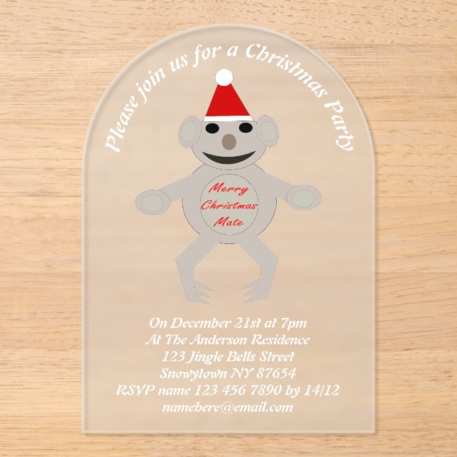 Australian Christmas Koala Bear Custom Acrylic Invitations (Front)