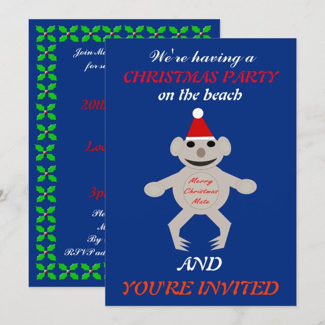 Australian Christmas Koala Bear Custom Invites (Front/Back)