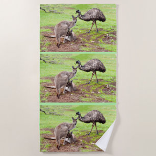 Australian Emu And Kangaroos, Beach Towel